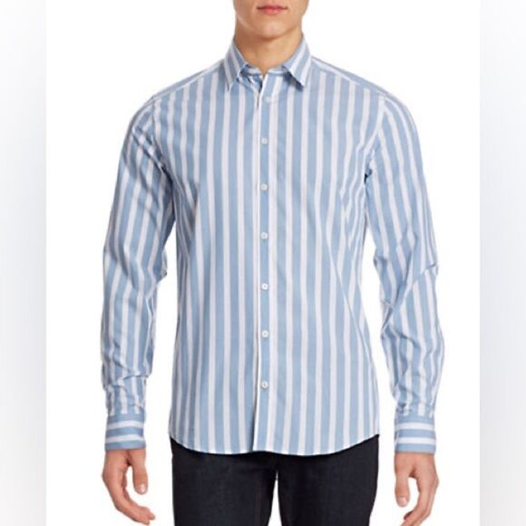 Tiger Of Sweden Steel 8 Slim-Fit Striped Shirt-OCEAN GREY-EU 41/US 16 - Picture 1 of 3